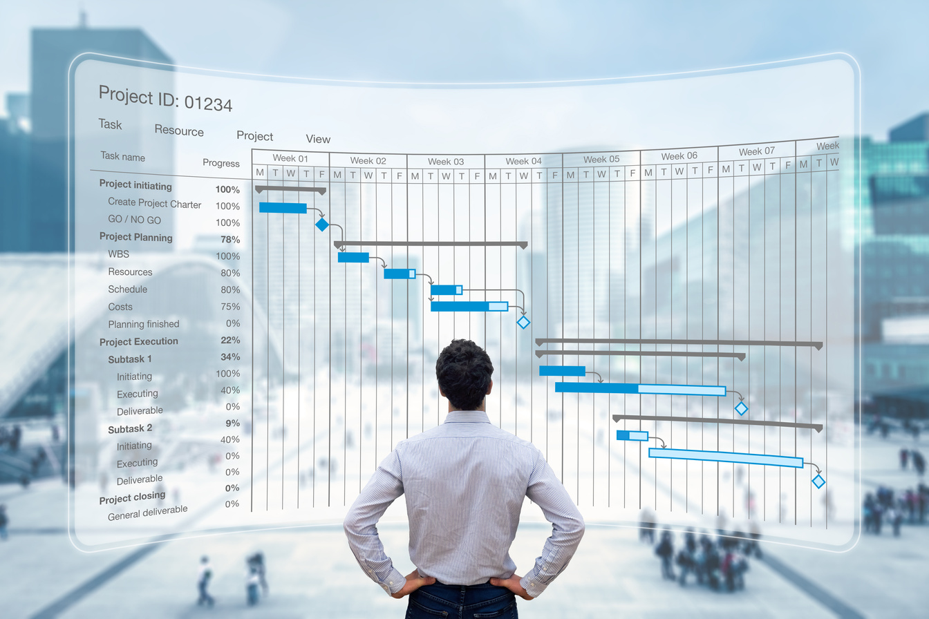 Project manager working with Gantt chart planning schedule, tracking milestones and deliverables and updating tasks progress, scheduling and management skills, program strategy